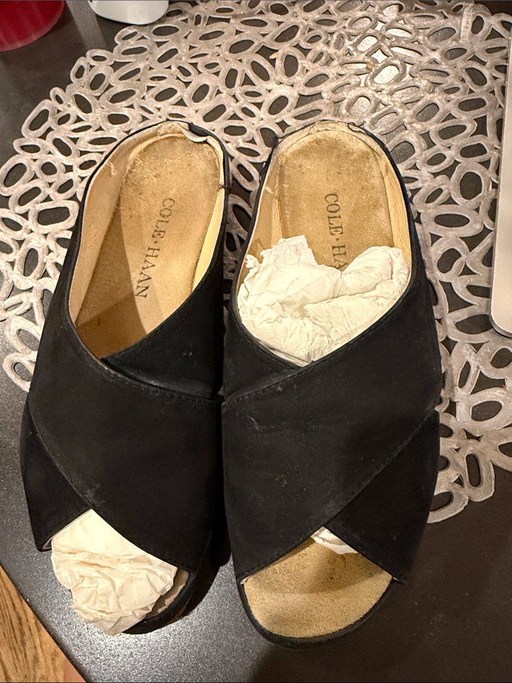 Cole Haan Black Crisscross Leather Mule Slides